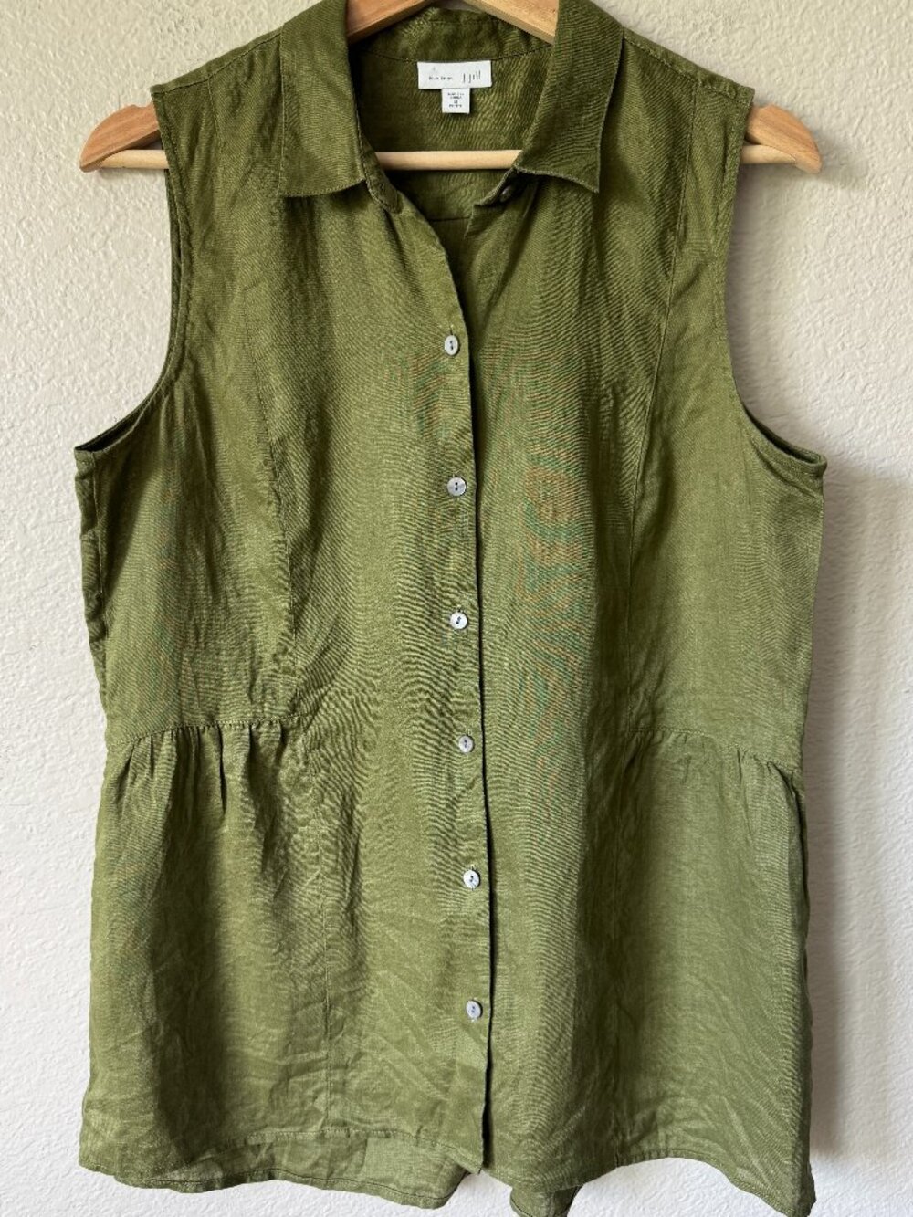 J.Jill Love Linen Sleeveless Top Sz MP Peplum Olive Green Button Front Lagenlook